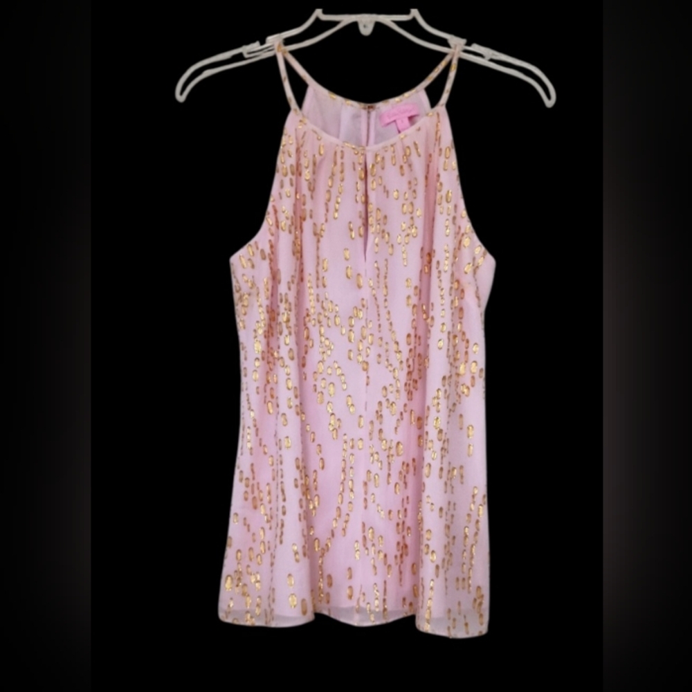 Lilly Pulitzer Silk Pink Tank Top with Gold Foil Spots, Size XS/S - Picture 3 of 16